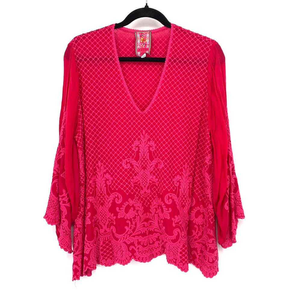 Johnny Was Tunic Top Womens L Fuchsia Pink Embroidered Lace V Neck Boho Blouse